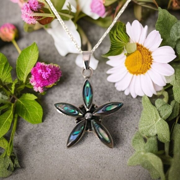 Abalone Star Sterling Necklace 925 Silver Pendant Daisy Flower 18" Beach Coastal - Picture 12 of 16